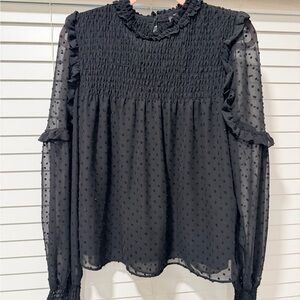 Moa Moa Black Sheer Dotted Smocked Ruffle Blouse